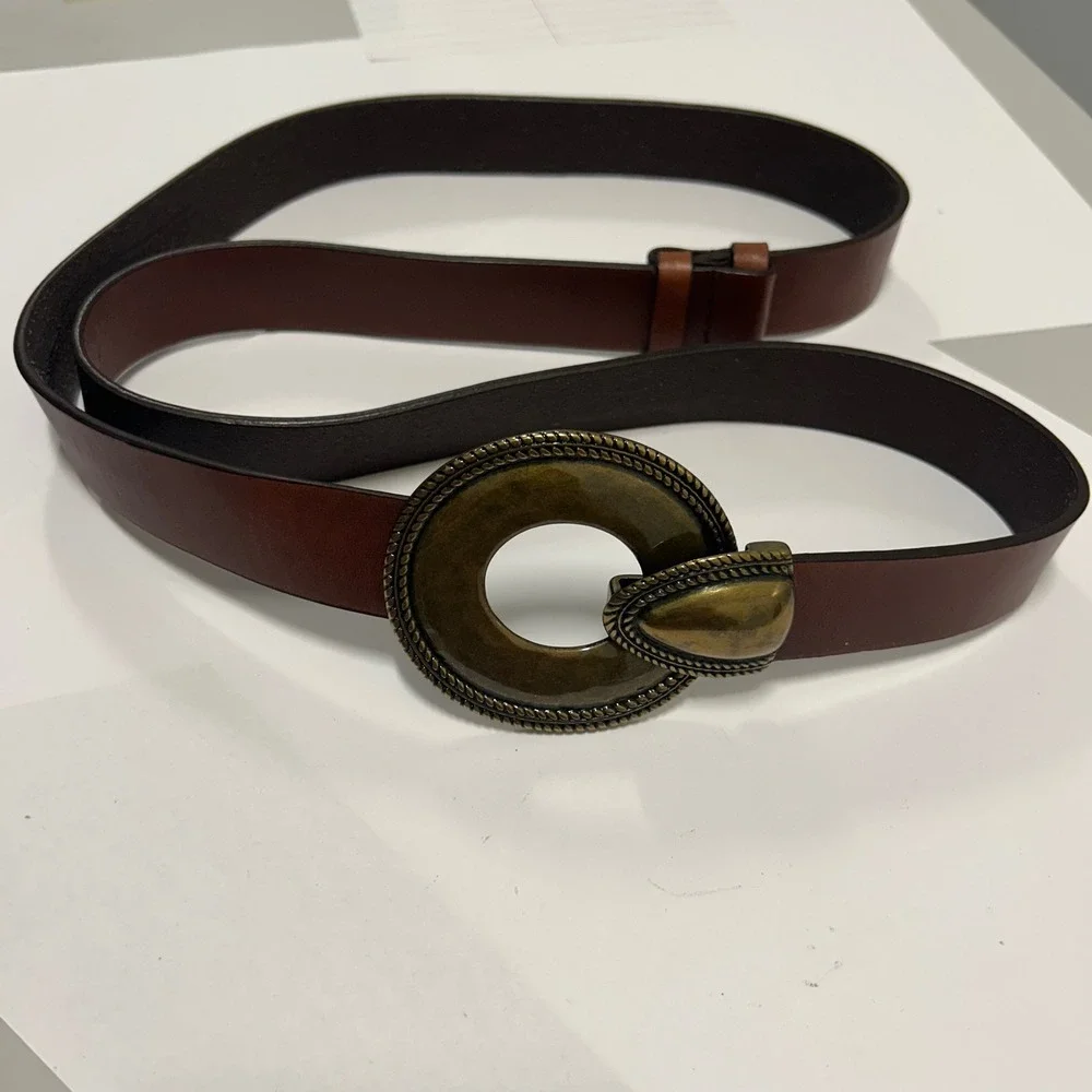 Coldwater Creek Brown Leather Western Belt Brass Hook Buckle Plus Size 1X 2X